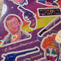 Conspiracy Occult Sticker Sheet Holofoil Cute Serial Killer Gacy Dahmer Manson Son of Sam