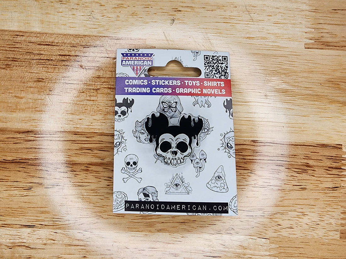 Occult Mouse Ears Acrylic Pin (Creepy Skull Parody of a Classic)