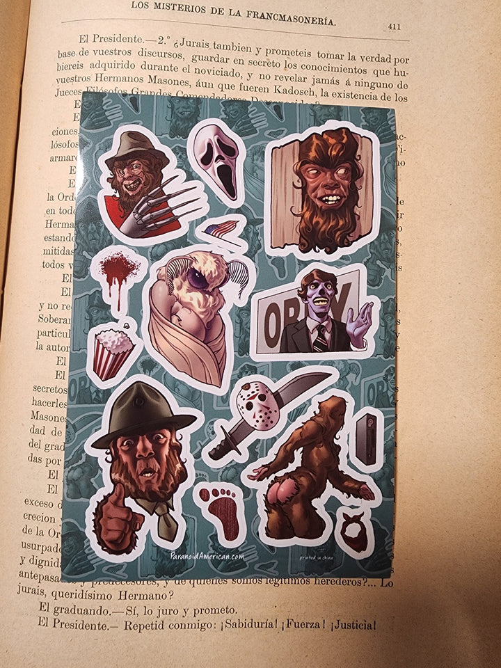 Conspiracy Occult Sticker Sheet Conspiracy Cinema Bigfoot Full Metal Jacket Jason Freddy Shining Obey Mothman Popcorn