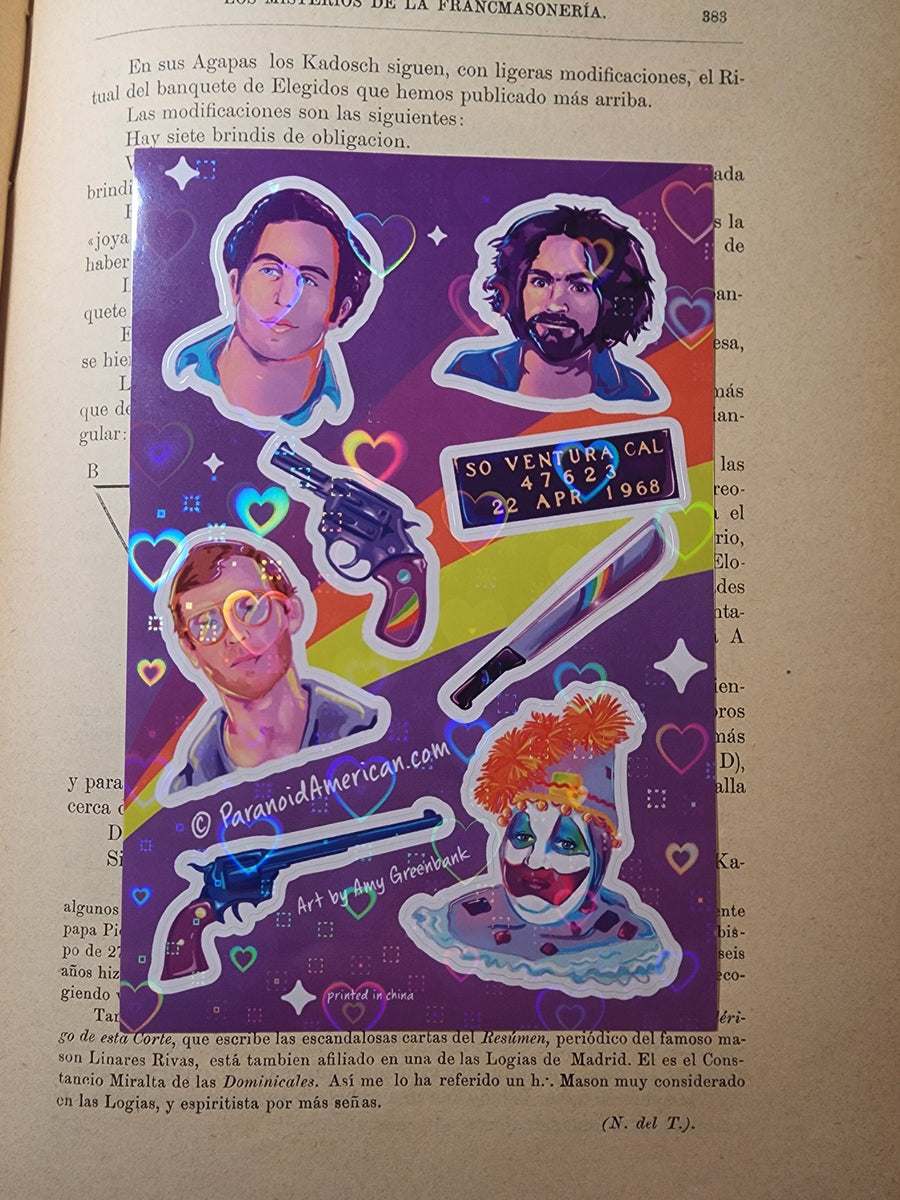Conspiracy Occult Sticker Sheet Holofoil Cute Serial Killer Gacy Dahmer Manson Son of Sam Clown Ventura Satanic Hearts