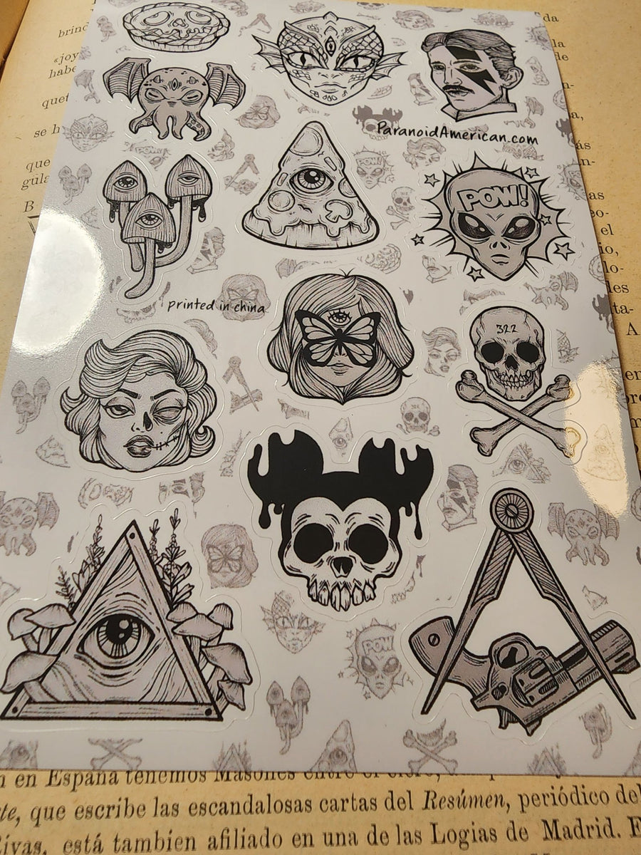 Conspiracy Occult Sticker Sheet Paranoid Patterns 322 Freemason Pizza Mushroom Tesla