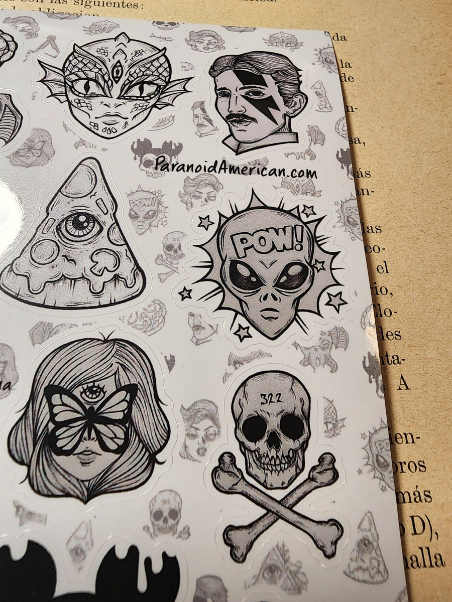 Conspiracy Occult Sticker Sheet Paranoid Patterns 322 Freemason Pizza Mushroom Tesla Bowie