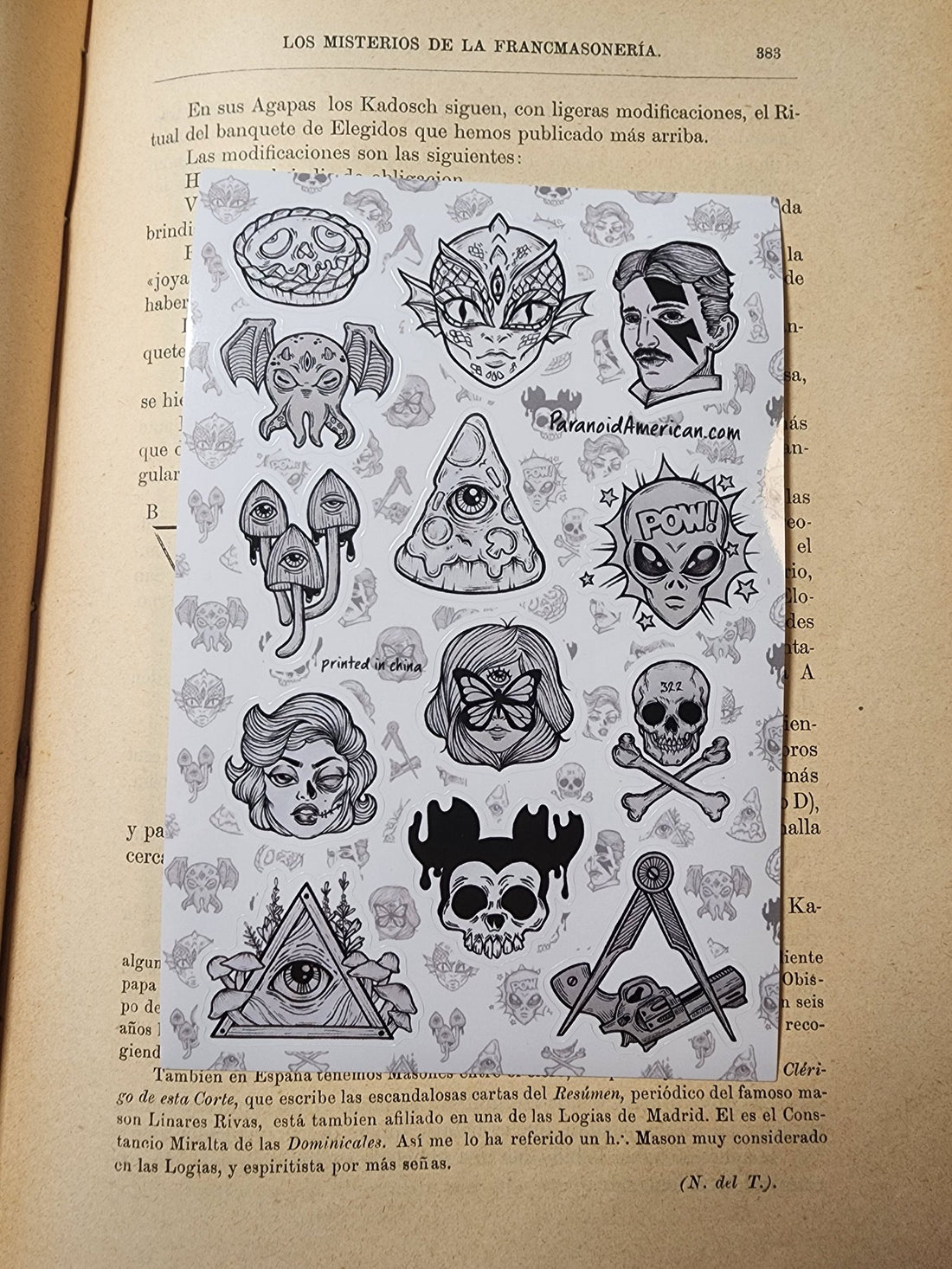 Conspiracy Occult Sticker Sheet Paranoid Patterns 322 Freemason Pizza Mushroom Tesla Bowie Cthulu