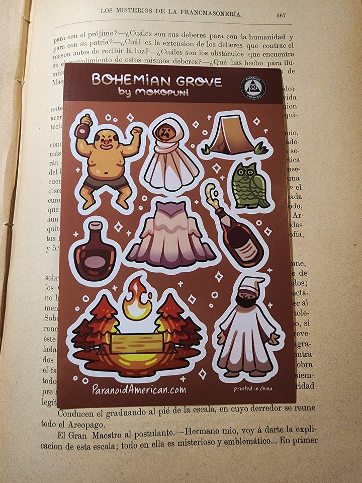 Conspiracy Occult Sticker Sheet Secret Society Bohemian Grove Cremation of Care Owl Moloch Ritual